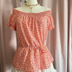 Monteau Women'sCoral Pink Floral Off-the-shoulder Blouse